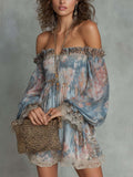 Mini abito in chiffon ruché floreale romantico a spalle scoperte