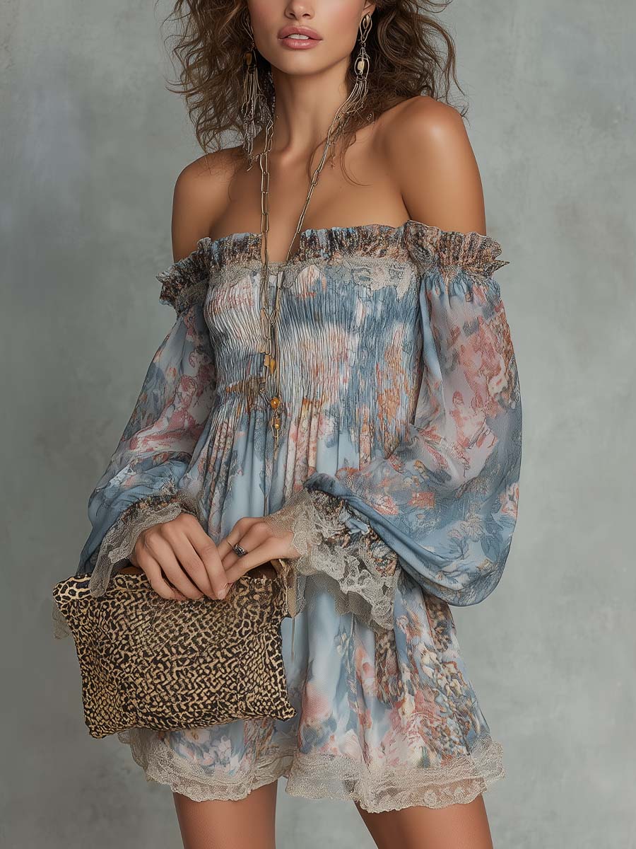 Mini abito in chiffon ruché floreale romantico a spalle scoperte