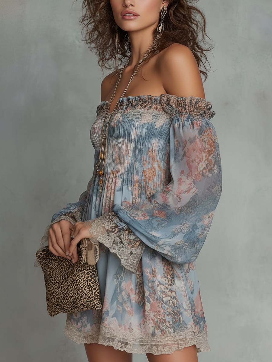 Elvira | Mini abito floreale off-shoulder con maniche ampie e bordi in pizzo