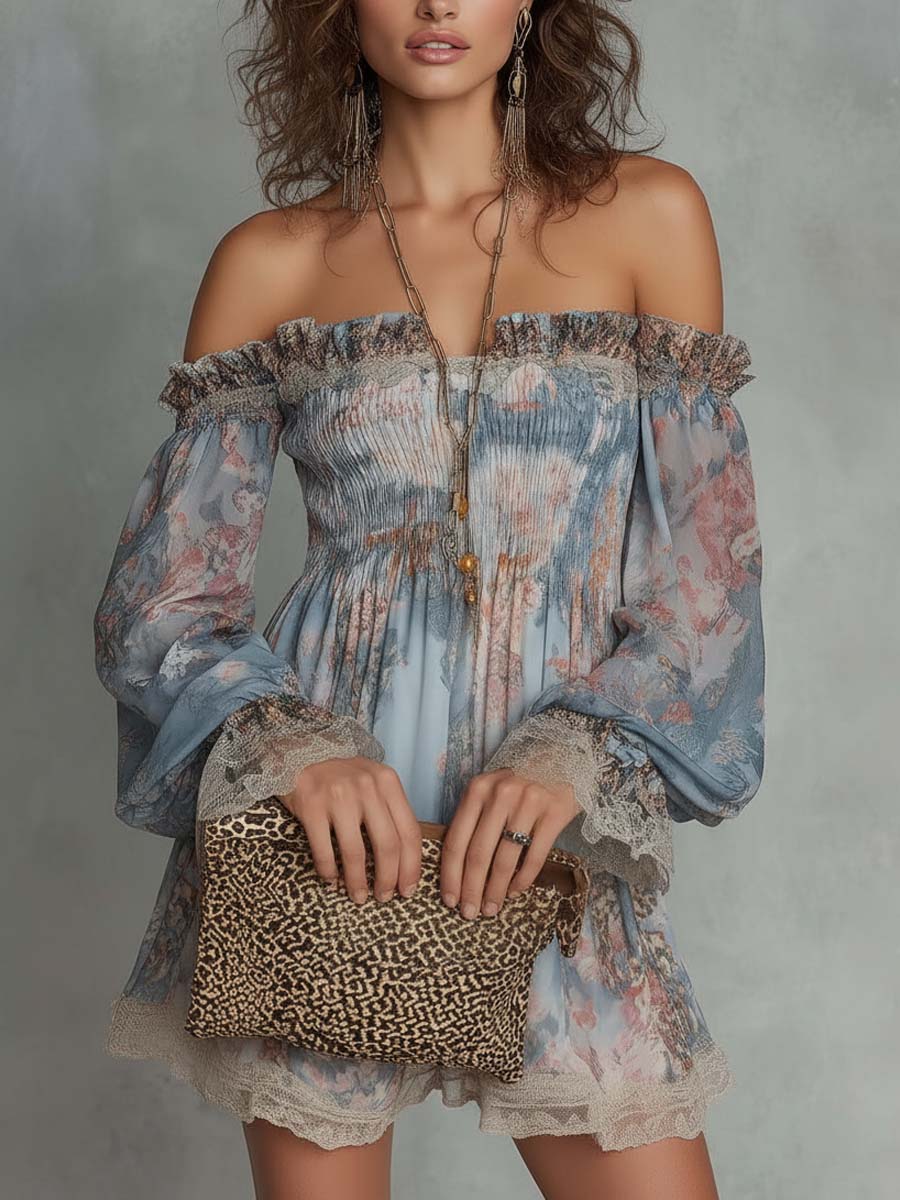Elvira | Mini abito floreale off-shoulder con maniche ampie e bordi in pizzo
