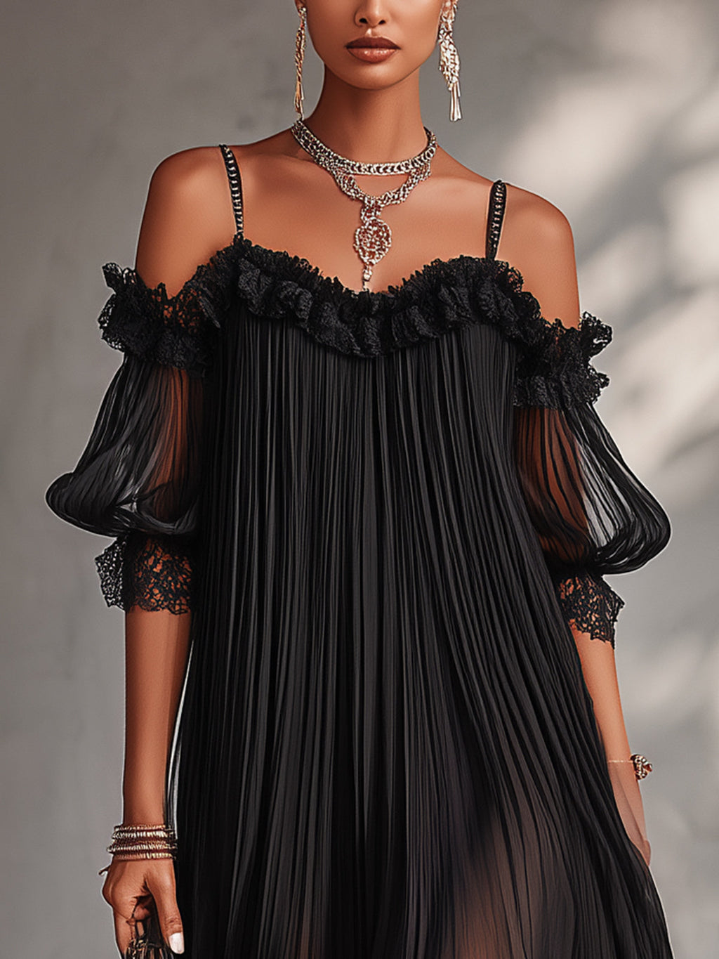 Vestito nero corto in chiffon a spalle scoperte con bordo in pizzo