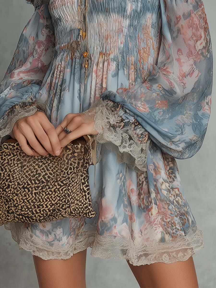 Mini abito in chiffon ruché floreale romantico a spalle scoperte