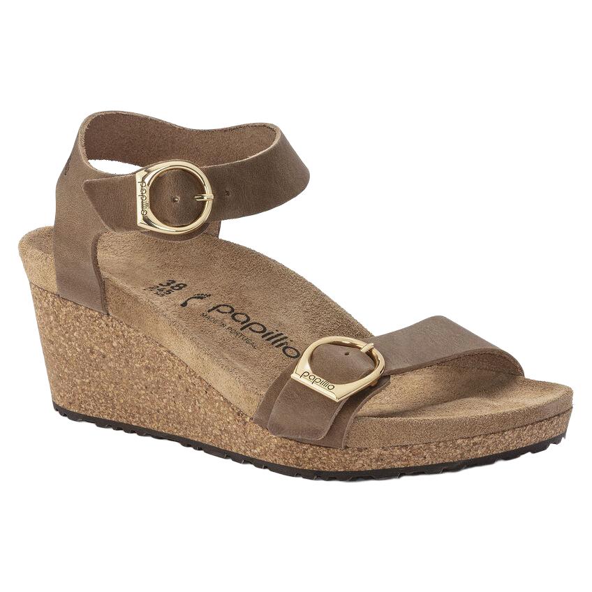 Birkenstock Soley Ring-Buckle Leather Wedge Sandal in Cognac