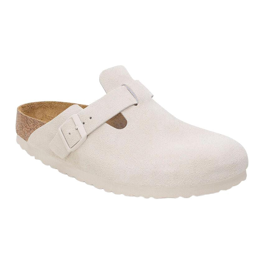 Birkenstock Boston Suede Leather Soft Footbed Clog in Antique White