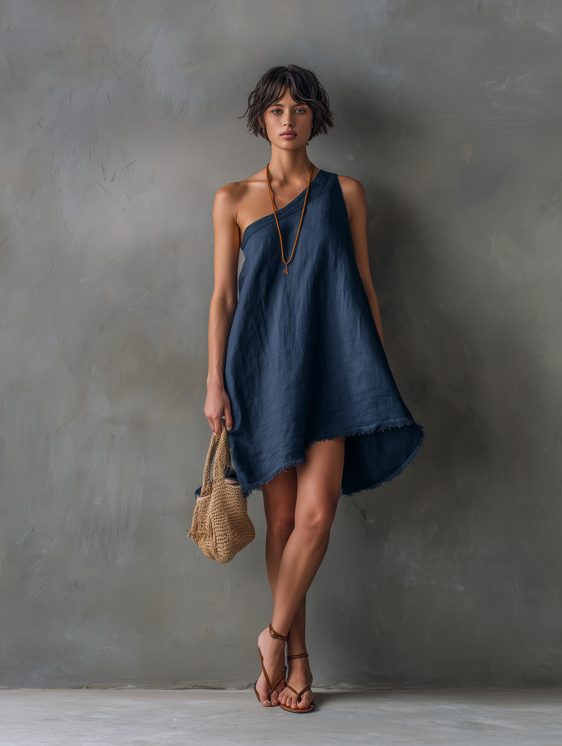 Giorgia | Mini abito blu monospalla con orlo sfrangiato