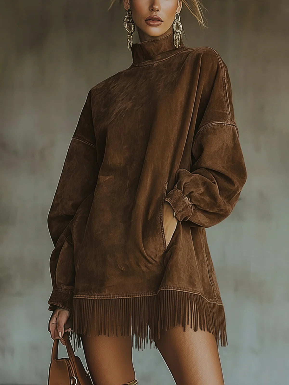Vestito in scamosciato sintetico con collo alto e orlo a frange