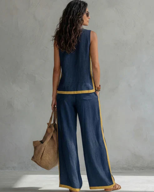 Sveva | Completo due pezzi top senza maniche e pantaloni a gamba larga con profili cuoio