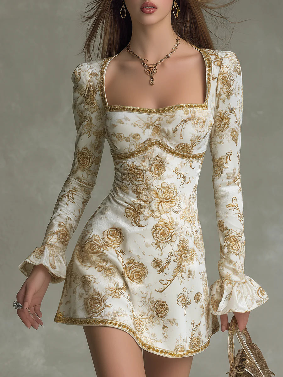 Vestito corto in velluto con stampa a rose in stile vintage, elegante.