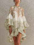 Vestito mini in chiffon con stampa verde, orlo a volant e maniche a balze