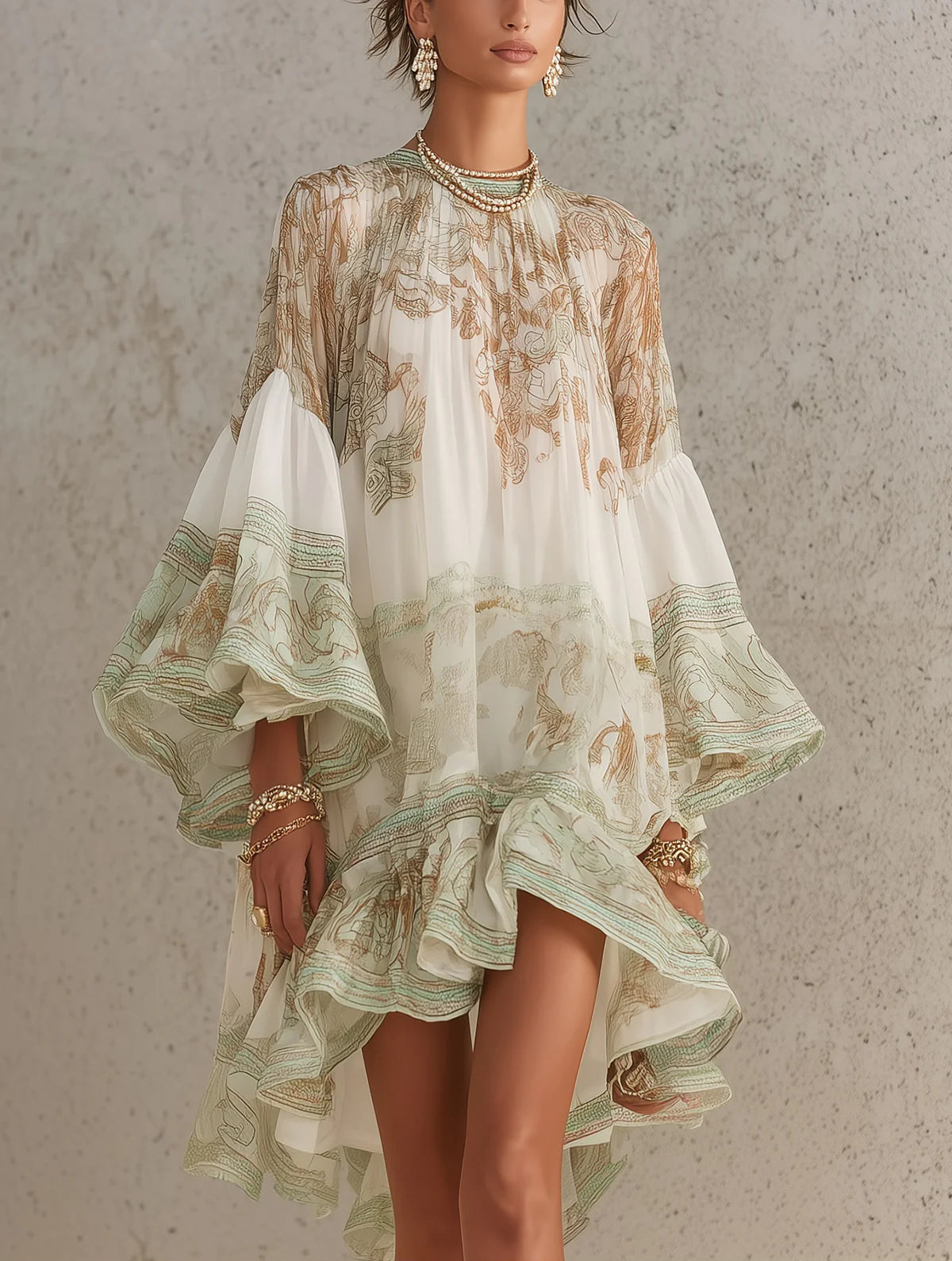Vestito mini in chiffon con stampa verde, orlo a volant e maniche a balze