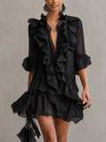 Vestito mini nero in pizzo chiffon con volant