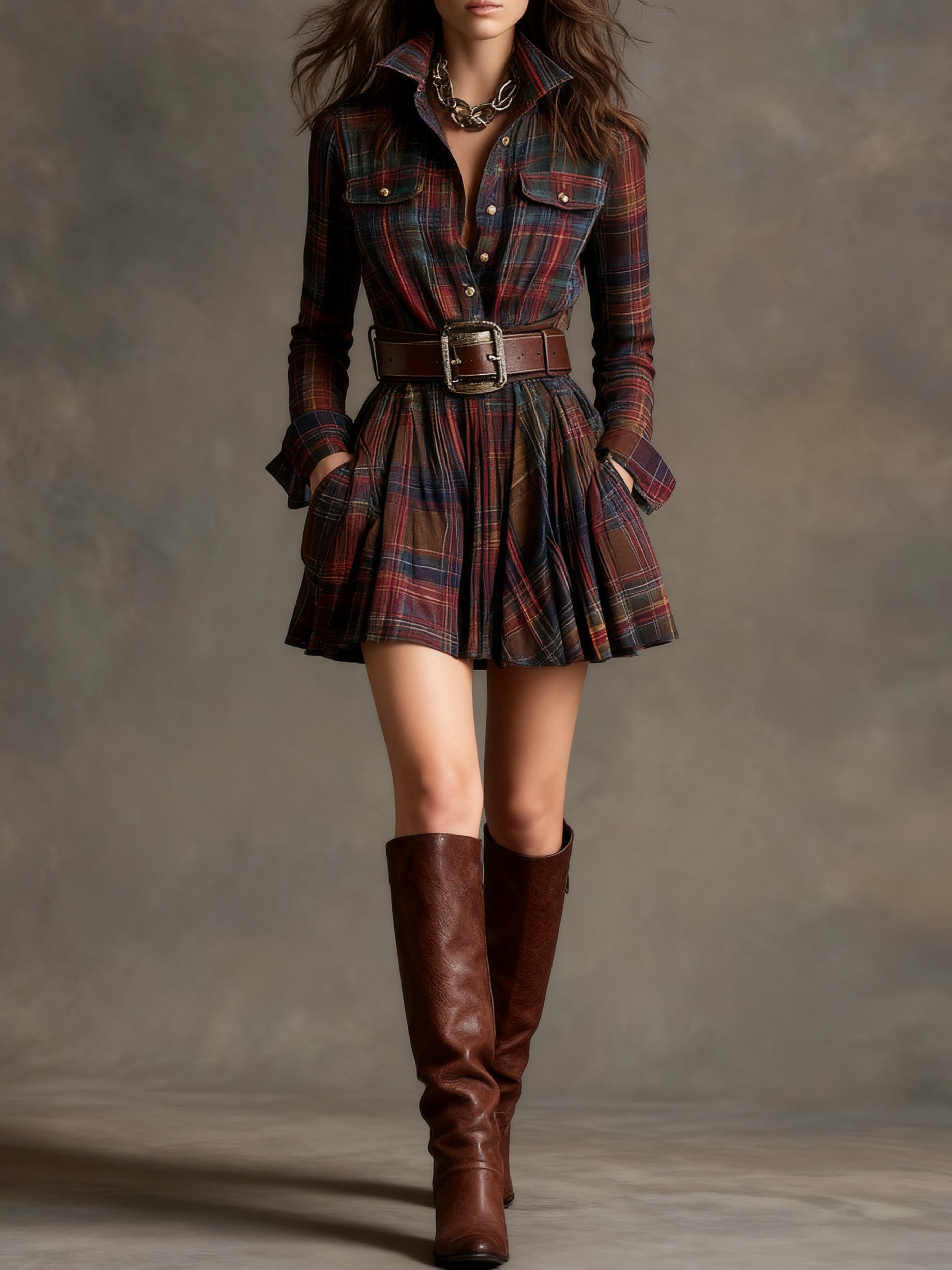 Vestito mini vintage con revers a quadri rosso e marrone, cintura inclusa