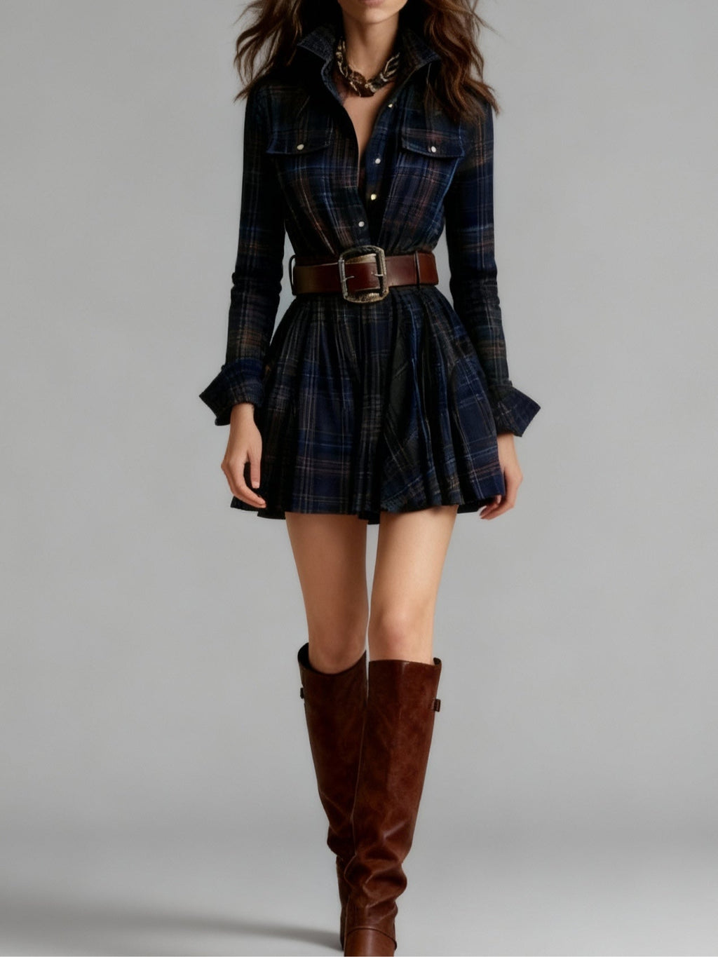 Vestito mini vintage con revers a quadri rosso e marrone, cintura inclusa