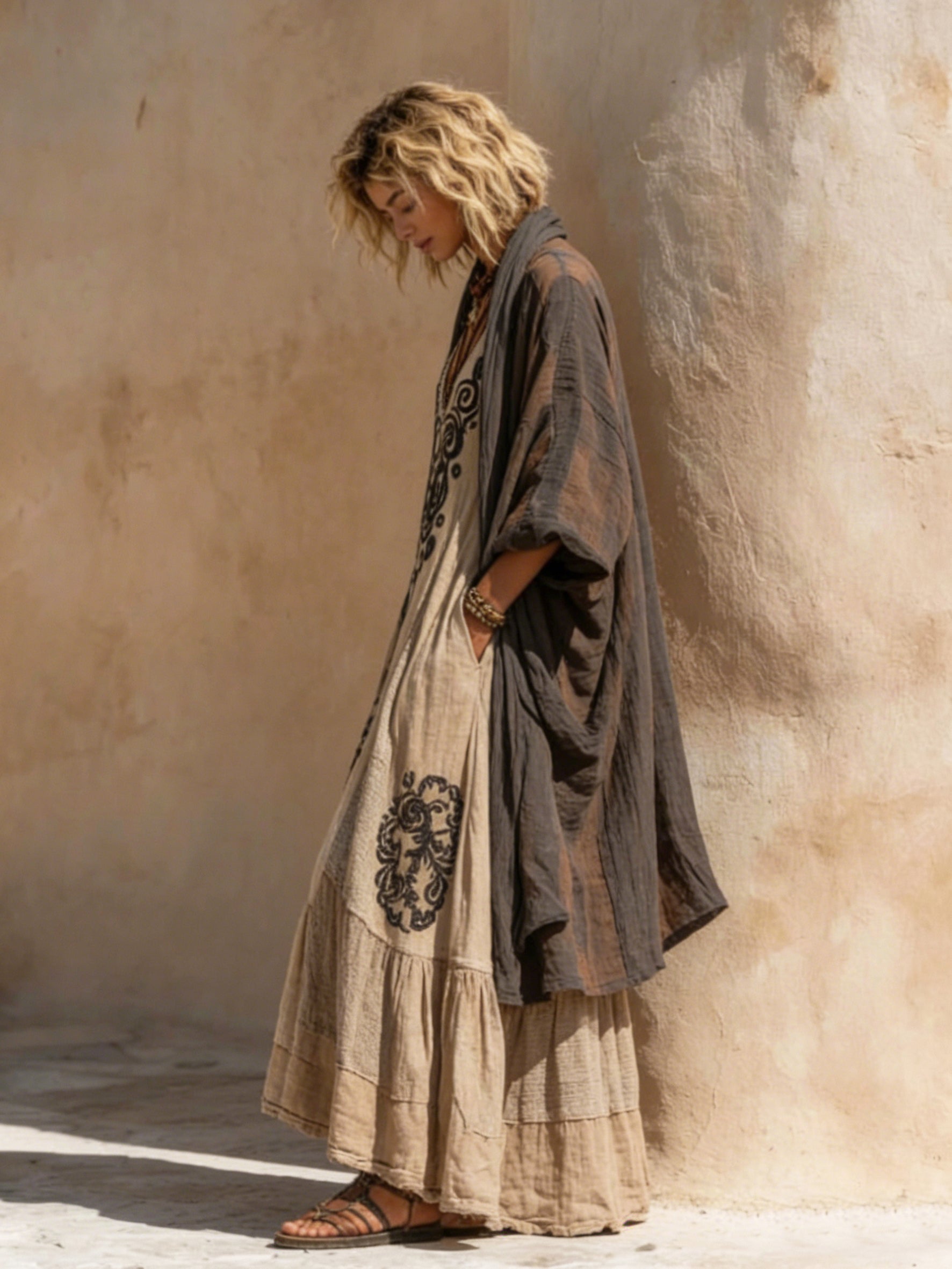 Azzurra | Set bohémien elegante con abito decorato e cardigan lungo fluido